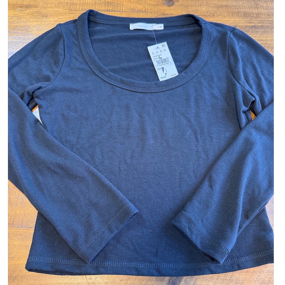 Lush Top Women M Black Ribbed Scoop Neck Long Sleeve Basic Minimalist NWT T19229